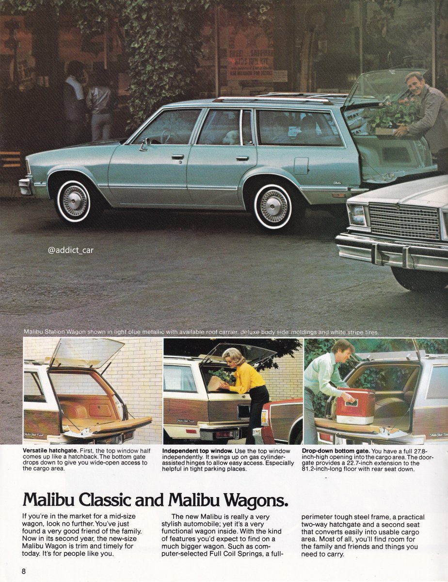 Chevrolet's mid-size wagon offering was part of the Malibu range, now in  its fourth generation. For 1979 the more upmarket Malibu Classic version  featured another trademark of the great American station wagon,, image size:924x1200