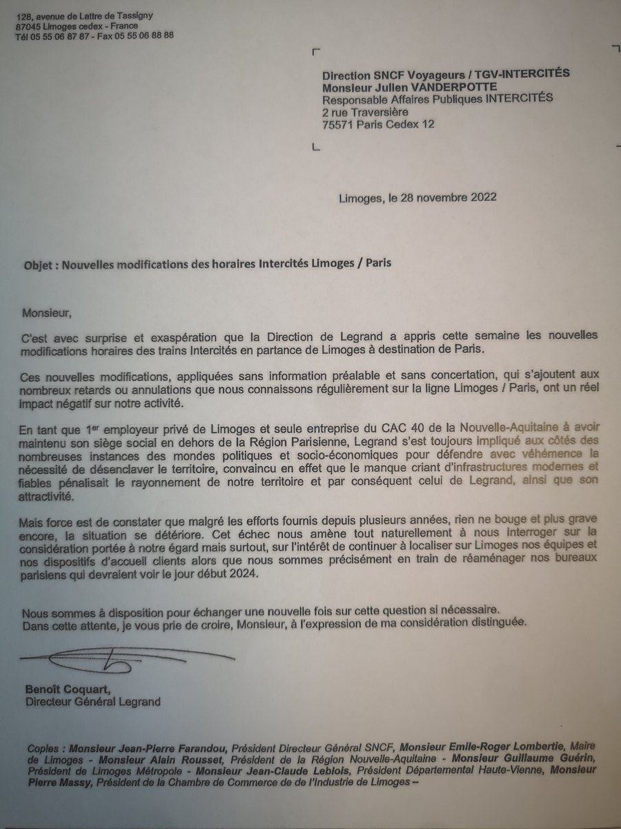 Quand l'entreprise Legrand, seule du CAC 40 dans la région, met la pression... #Limoges #sncf