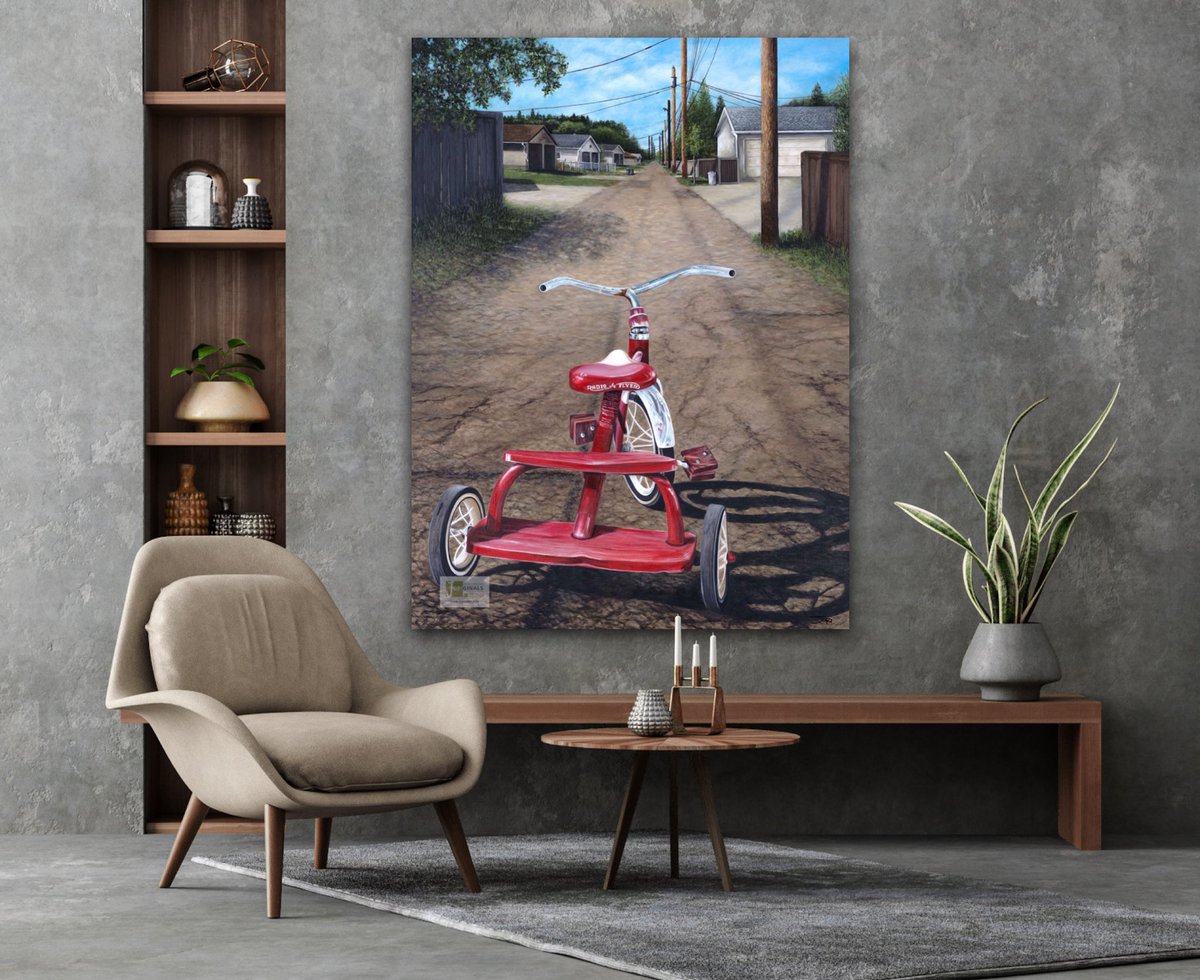Joriginals1's tweet photo. Here is my painting in a vignette. This is actually my childhood trike. Remember the times when we would race up and down our back alleys all day long? 2/2 #redflyer #journeyseries #art https://t.co/TMGMykp5jU