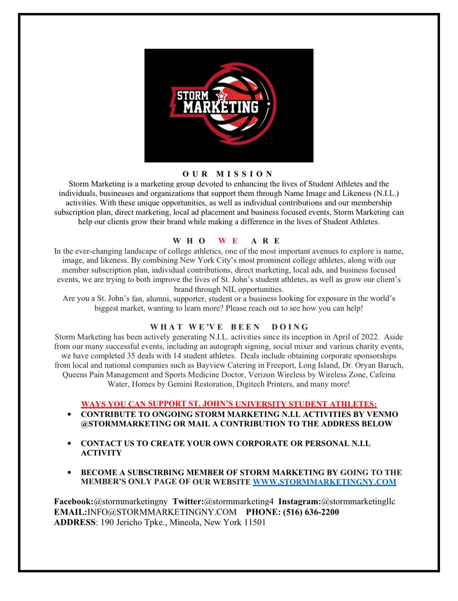 Check out our <a href="/StormMarketing4/">Storm Marketing</a> Promo flyer to see what we are doing to enhance current St. John’s University student athletes’ NIL opportunities, how you can get involved &amp; what we have done to date

Check out our website to join our membership subscription plan 

#SJUBB #SJUWBB
