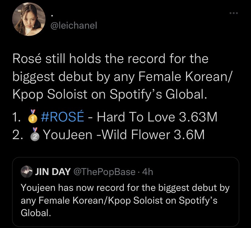 ysljks's tweet photo. who’s gonna tell them that golden voice youjeen now holds the record for  BIGGEST debut by a FEMALE KOREAN / KPOP SOLOIST on Spotify Global. 👀🤷‍♀️ https://t.co/M0QPrfn3h7