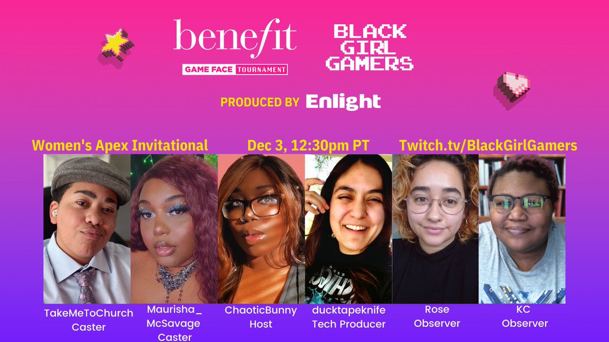 We're excited to support <a href="/BenefitBeauty/">Benefit Cosmetics US</a>'s $3500 women's <a href="/PlayApex/">Apex Legends</a> invitational w <a href="/blackgirlgamers/">Black Girl Gamers</a>!

Tune in TODAY 12:30pm PT twitch.tv/blackgirlgamers🙌

Enlight helps you develop &amp; learn professional esports careers like production ➡️ enlight.gg

#benefitgameface