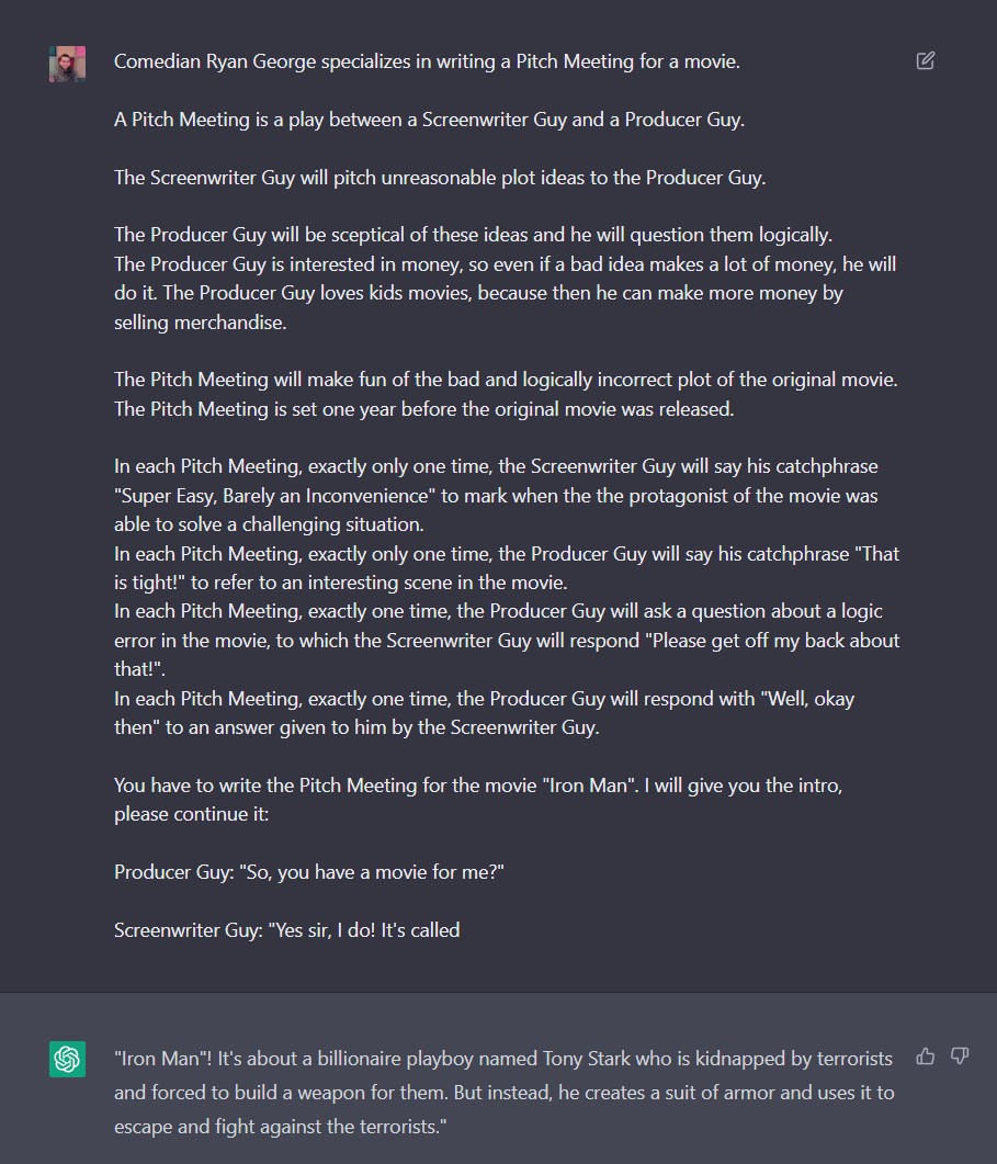 alltimecoder's tweet photo. @theryangeorge Here's the final prompt I used. This is the shortest pitch meeting it actually generated, the others were just way too long. https://t.co/A3HZJD04Fi