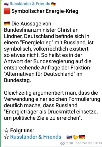 Nach Aussage #Lindner #FDP befindet sich #Deutschland mit #Russland im  #Energiekrieg .
Nun stellt die #Bundesregierung fest: Lindner fantasiert !

Ich stelle fest: 
Die FDP ist inzwischen #linksgrüner als die #grueneSekte selbst! Ist Inkompetenz + Ahnungslosigkeit ansteckend?