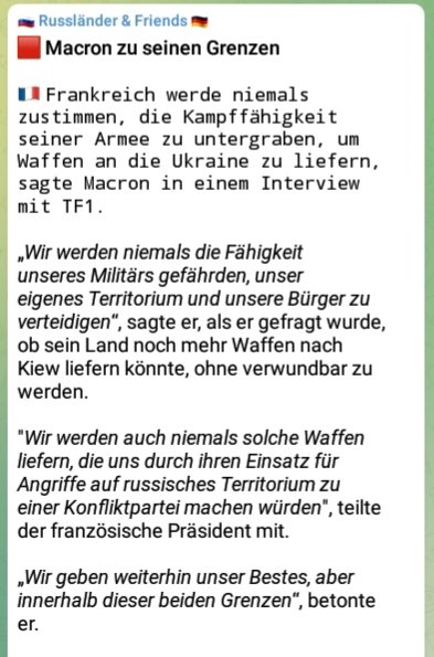 Was #Macron im Interview mitteilt ist eine VOLLKLATSCHE für #Ukraine + #selenskyi !

Indirekt begrenzt er weitere Waffenlieferungen und noch drastischer: KEINE Waffen, die #Putin verärgern+ #Frankreich zur Konfliktpartei macht!

Es kehrt langsam Vernunft in der #EU ein.