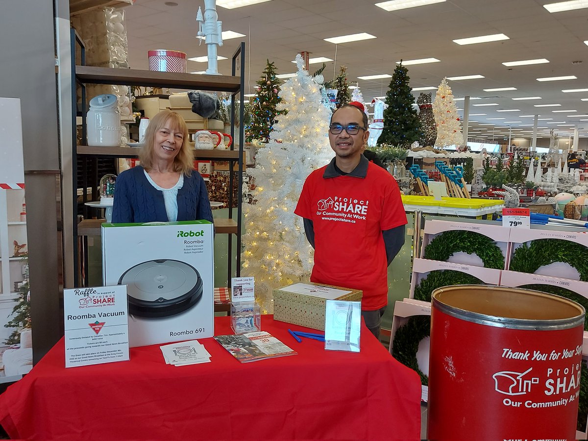 Pamela_Sharp's tweet image. @ProjectSHARE_NF volunteers are at @CanadianTire Morrison St this weekend with $5 raffle tickets to win a Roomba &amp;amp; our red barrels collecting donations for our Christmas program. Santa is on site until 2pm for photos in support of our partner @CTJumpstart #ourcommunityatwork