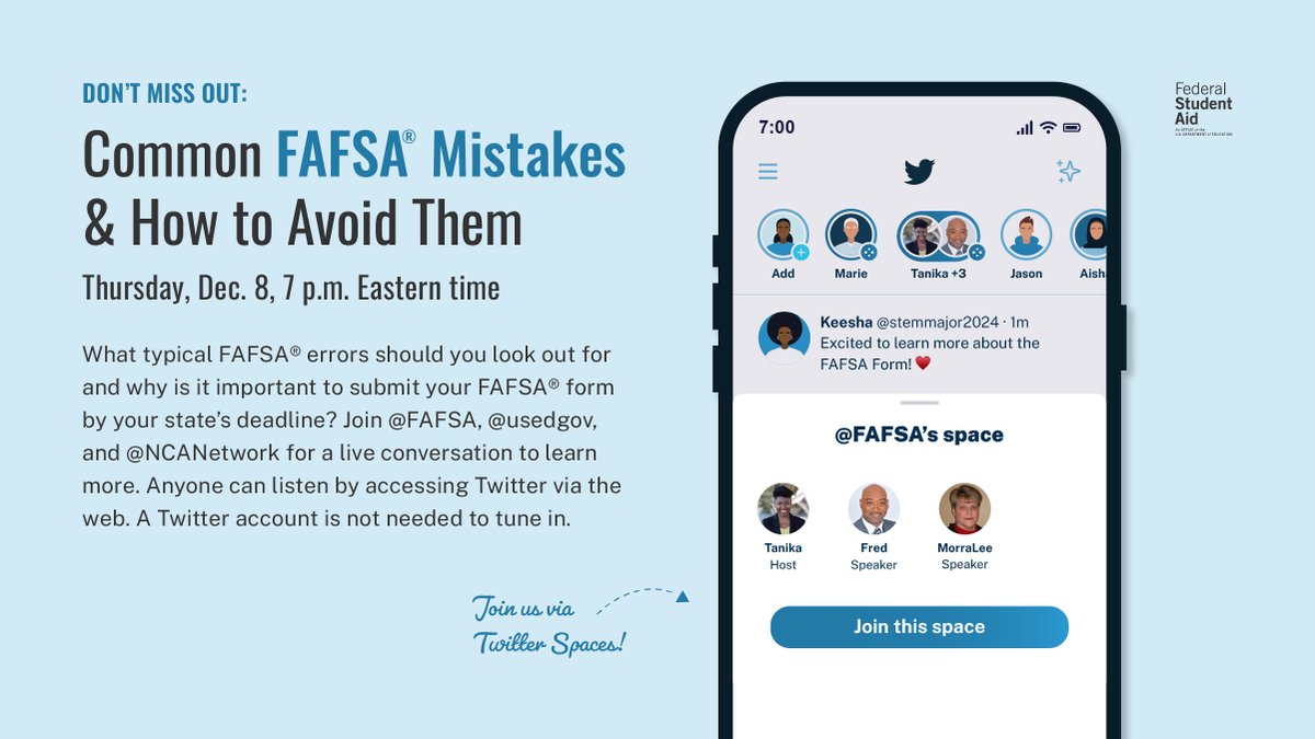 Steer clear of common FAFSA® mistakes to maximize your financial aid!
Join our live conversation on Thursday, December 8, to learn about 🚩red flags 🚩 to watch out for.

Set a reminder or add it to your calendar: x.com/i/spaces/1BRJj…