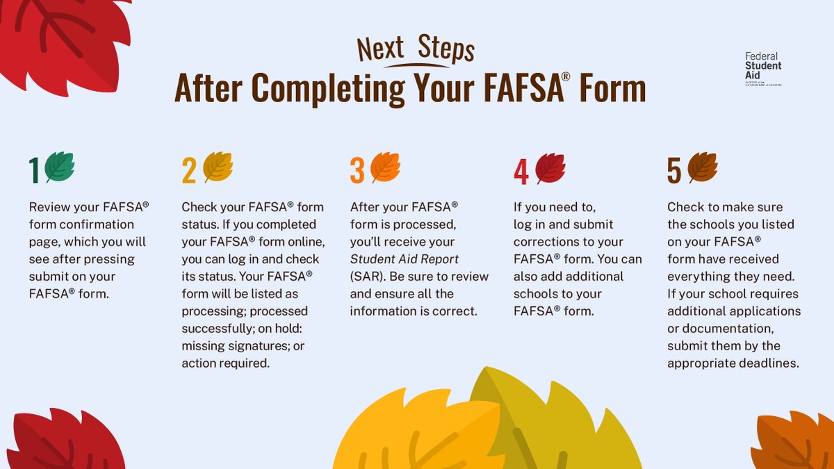 FAFSA's tweet photo. What comes after submitting your 2023–24 FAFSA® form? We won’t leaf you hanging! 🍂 Follow these steps 👇 https://t.co/InzW2XtECr