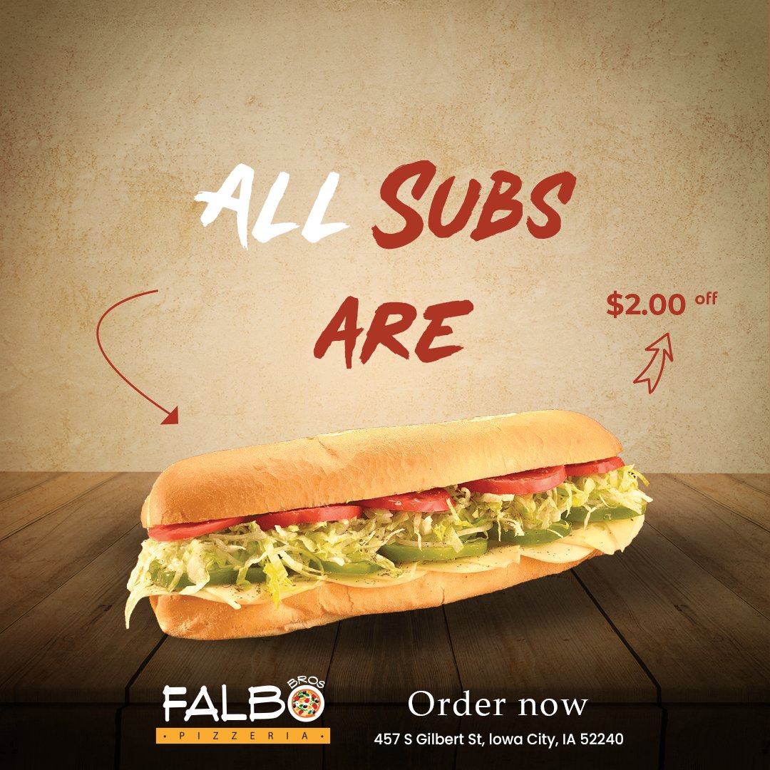 realFalbosIC's tweet photo. Saturday is for fun and enjoyment. We multiply that by offering a flat $2.00 off on all subs every Saturday. Maximize your happiness by visiting Falbo Brothers!
https://t.co/gpB0camUkt

#SaturdaySpecial #Sub #OrderOnline #SpecialDiscount #Iowacity #FalboBros https://t.co/zLiHvSXN0j