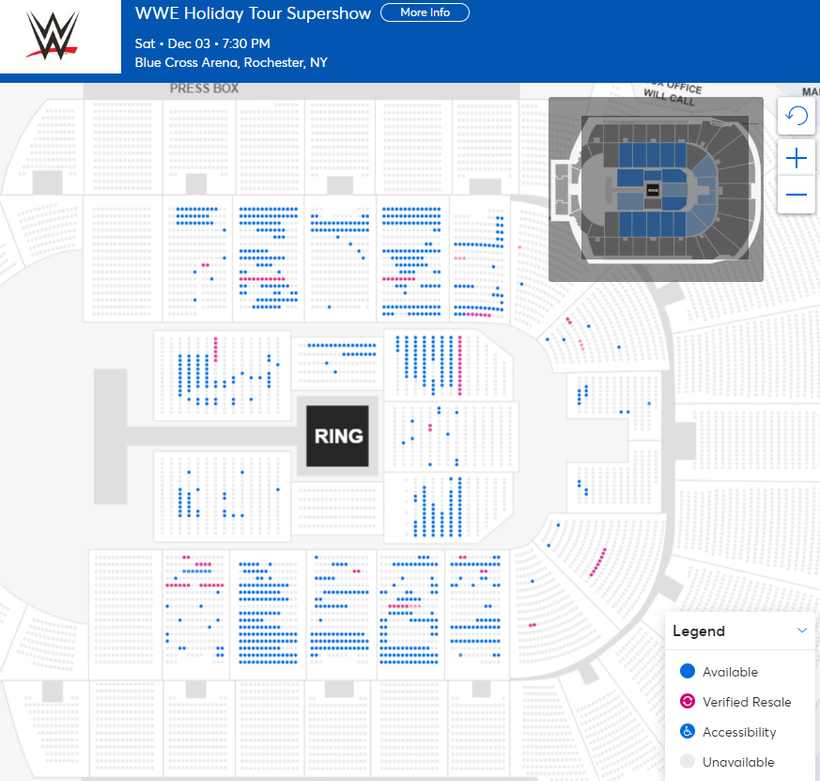WrestleTix's tweet photo. WWE Holiday Tour Supershow
Sat • Dec 03 • 7:30 PM
Blue Cross Arena, Rochester, NY

Available Tickets => 1,006
Current Setup/Capacity => 4,247
Tickets Distributed => 3,241

[https://t.co/yRCOtL7DO2] https://t.co/3FSBucGKKz