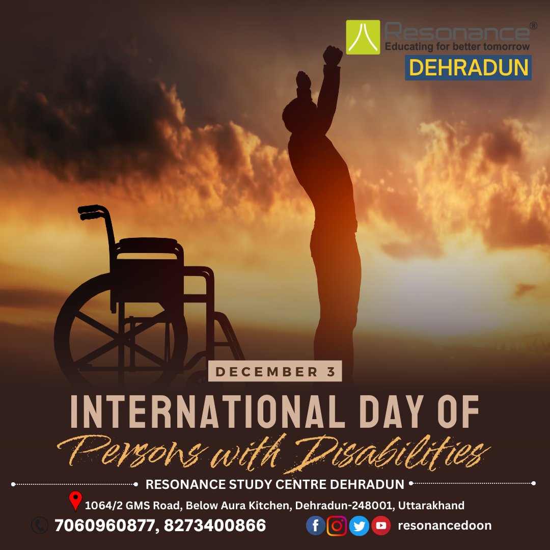 resonancedoon's tweet photo. #InternationalDisabilityDay reminds us the winner within us. Give up your comfort zone and be a #winner
#RegisterNow #resonance Dehradun
Be a #winner #IIT #JEE #NEET #FOUNDATION #courses 
@resonancedoon #dehradun #uttarakhand https://t.co/4jmmZf10WC