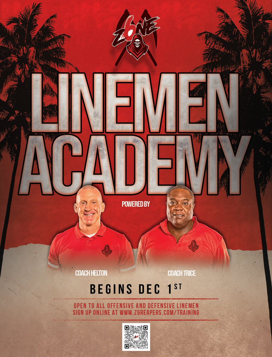 12/6 at 6:30pm Z6reapers 7v7 Football and the Linemen Academy will have its first practice of the Season  @ Crane Park Football Field at 1550 Mosswood Dr, Melbourne, Fl