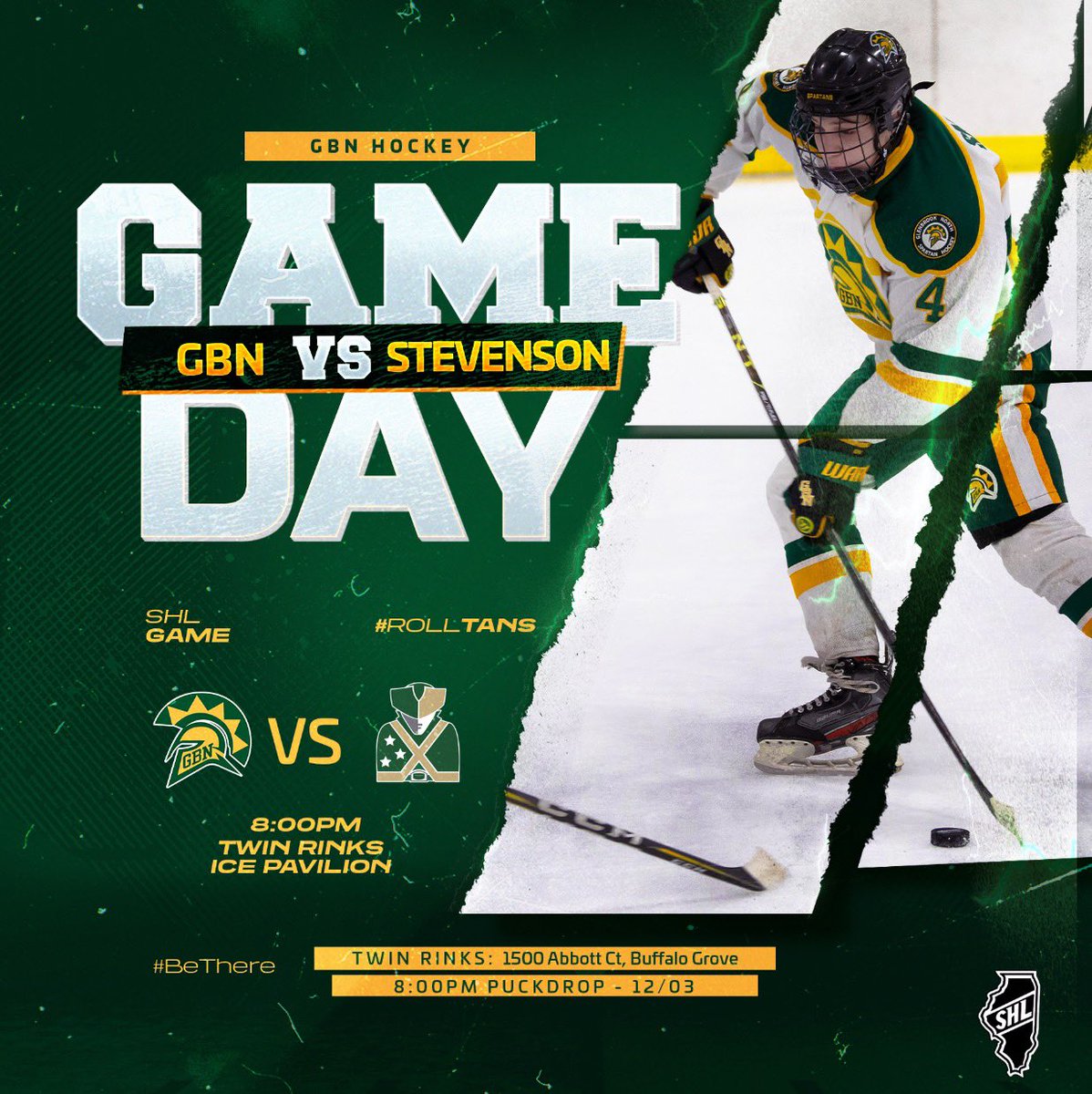 GBNhockey's tweet photo. Varsity Green will take on Stevenson today in a @TheSHLNetwork matchup. #RollTans
🏒 GBN at Stevenson
🗓 Saturday, Dec. 3
⏰ 8:00 pm
📍Twin Rinks Ice Pavilion https://t.co/ydkimmapHL