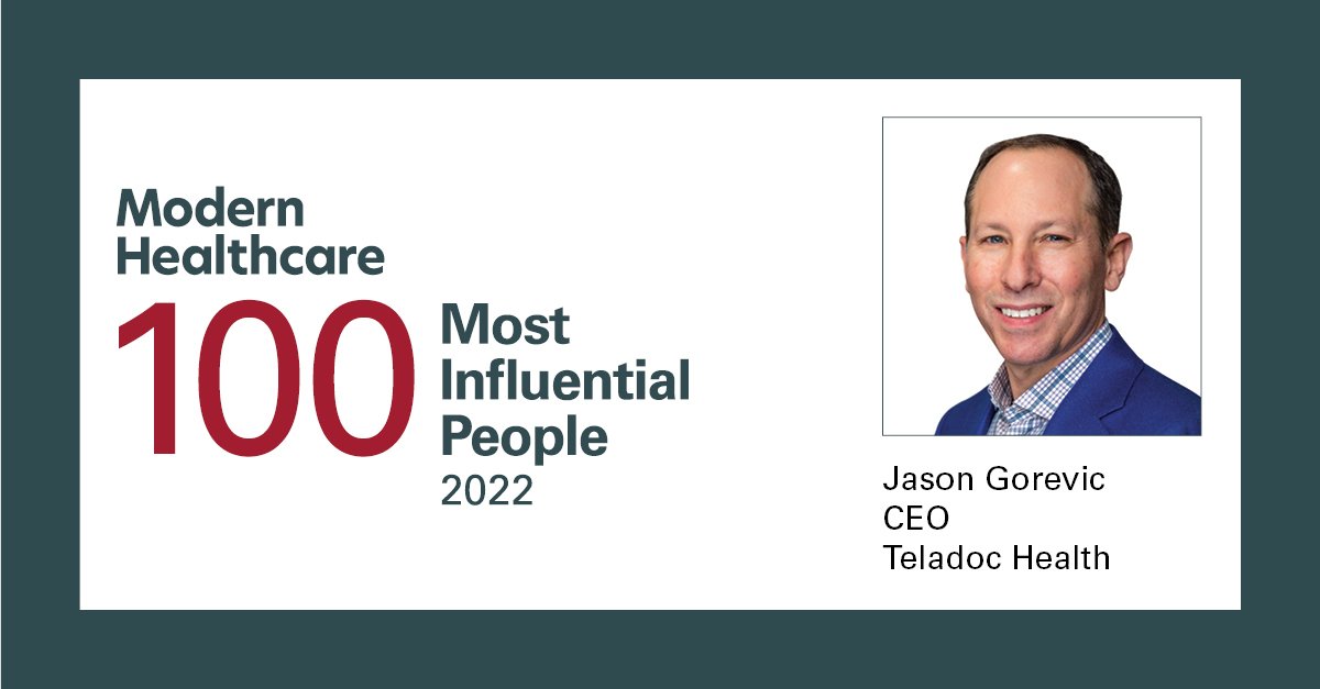Teladoc Health (@teladochealth) on Twitter photo Congratulations to our CEO <a href="/jasongorevic/">Jason Gorevic</a> for being named one of the 100 Most Influential People in Healthcare for the third year in a row by <a href="/modrnhealthcr/">Modern Healthcare</a>! Congratulations to our CEO <a href="/jasongorevic/">Jason Gorevic</a> for being named one of the 100 Most Influential People in Healthcare for the third year in a row by <a href="/modrnhealthcr/">Modern Healthcare</a>!