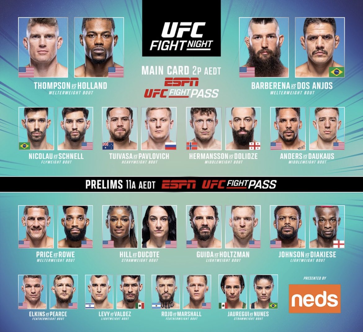 fanaticosMMAGT's tweet photo. Es noche de pelea, noche de #UFCFlorida Thompson versus Holland.
Es un Fight Night por eso va ESPN, Star Plus, Fight Pass, Fox Sports, Combate y Eurosports según su país.
18:00 🇬🇹🇸🇻🇭🇳🇳🇮🇨🇷
19:00 🇲🇽🇨🇴🇵🇪🇪🇨🇵🇦
20:00 🇨🇱🇩🇴🇧🇴🇻🇪🇵🇾
21:00 🇦🇷🇺🇾🇧🇷
00:00 🇪🇸
¡No se lo pierdan! https://t.co/2MgiSM830z