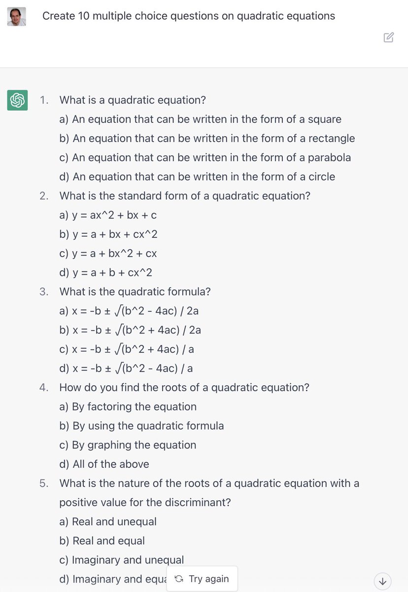 mikercameron's tweet photo. Very first attempt with OpenAI. 

I used to think as a maths teacher I had a job for life.

AI comes at you fast.

Sign up, have a play. Then tell me AI won’t change education. https://t.co/LXHTnbMhi9