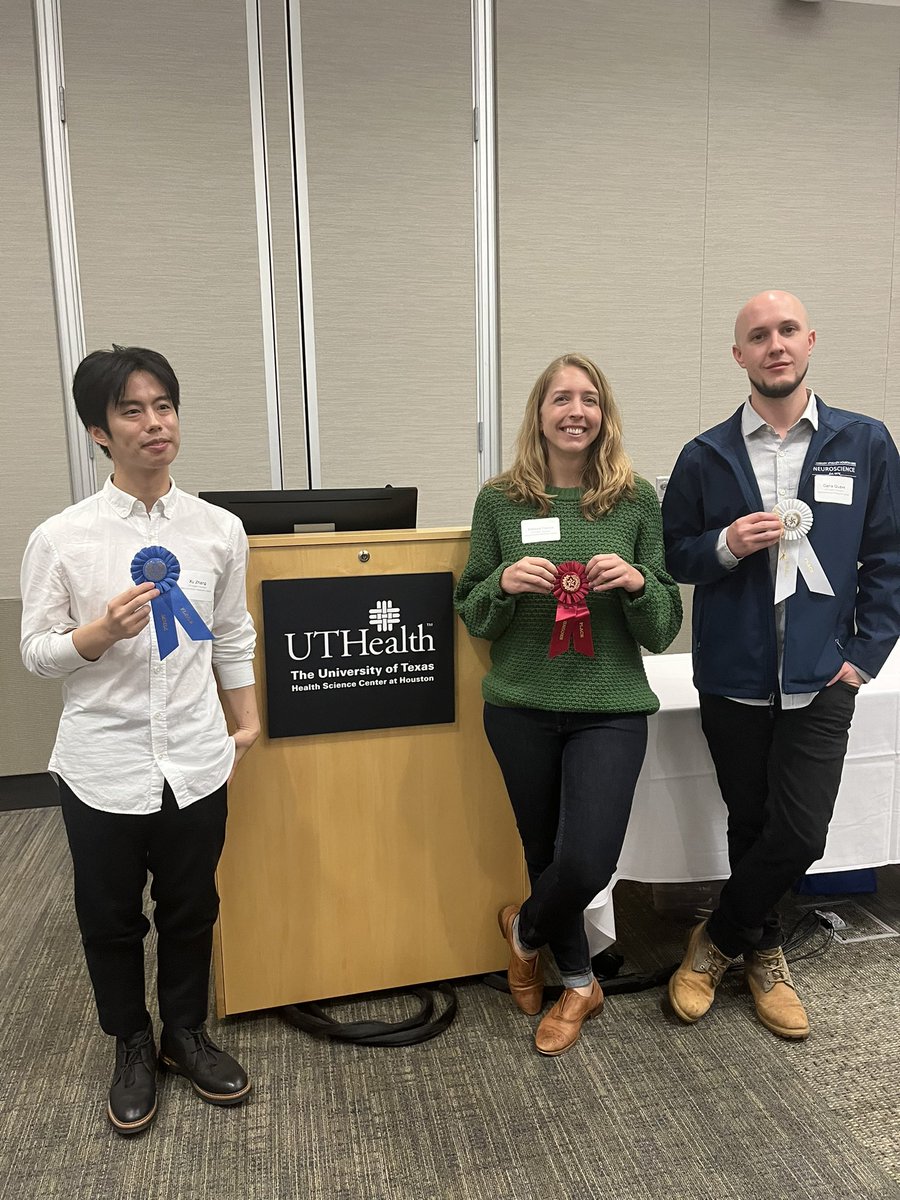 NeuroMDAUTH's tweet photo. Congratulations to the winners from UTHealth at the 28th annual Neuroscience Poster Session. In 1st place, @xuzhang95! In 2nd place, @Melissa_Franch! In 3rd place, @CanaQuave! 🧠🎉 https://t.co/PmkumeDhdV
