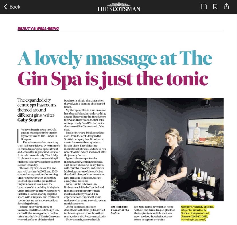 Thanks to Gaby <a href="/TheScotsman/">The Scotsman</a> for a glowing review of her JustBe active aromatherapy massage <a href="/theginspa/">The Gin Spa</a>