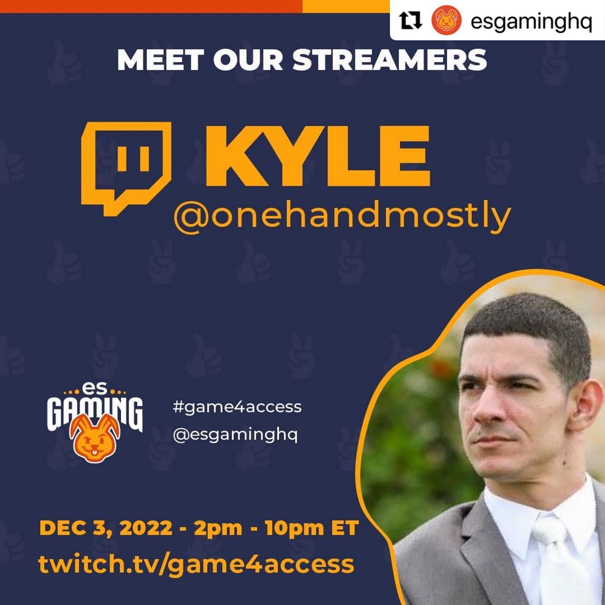 We watched Kyle <a href="/onehandmostly/">Kyle “onehandmostly”</a> grow up in our programs &amp; now we're going to watch him in the 1st ever <a href="/esgaminghq/">esgaminghq</a> Streamathon TODAY! Join us in cheering on Kyle on #Twitch at twitch.tv/game4access starting at 3 PM CST! #Game4Access #Gamer #esGamingStreamathon #Accessibility