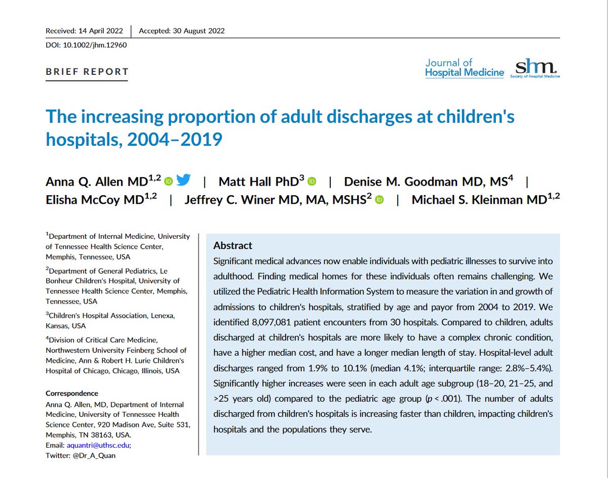 Journal of Hospital Medicine (@jhospmedicine) on Twitter photo Overflow much?
Adults in childrens' hospitals, kids in adult beds
The number and proportion of adults discharged from children's hospitals continue to rise.
<a href="/Dr_A_Quan/">Anna Quantrille Allen, MD</a>, <a href="/DeniseGoodmanMD/">Denise Goodman</a>, <a href="/elisha_mccoy/">Elisha McCoy</a>, @JeffreyWiner
…mpublications.onlinelibrary.wiley.com/doi/epdf/10.10… Overflow much?
Adults in childrens' hospitals, kids in adult beds
The number and proportion of adults discharged from children's hospitals continue to rise.
<a href="/Dr_A_Quan/">Anna Quantrille Allen, MD</a>, <a href="/DeniseGoodmanMD/">Denise Goodman</a>, <a href="/elisha_mccoy/">Elisha McCoy</a>, @JeffreyWiner
…mpublications.onlinelibrary.wiley.com/doi/epdf/10.10…