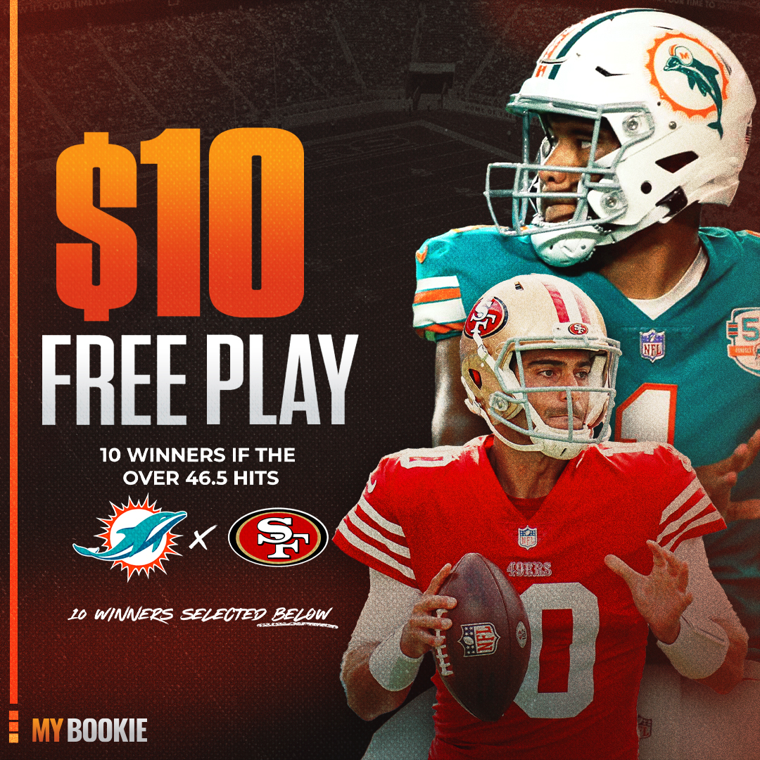 MyBookie's tweet photo. 🚨NFL FREEPLAY SZN🚨

Dolphins x Niners • #OverSZN

If the over 46.5 hits we pick 10 random users for $10 FP

How to enter:

1️⃣ Like + RT this tweet
2️⃣ Must be following @MyBookie 
3️⃣ Reply who wins MIA vs SF 🏈

(Don’t forget to enter twice on our Instagram 👀) https://t.co/cNRVsaQRWw