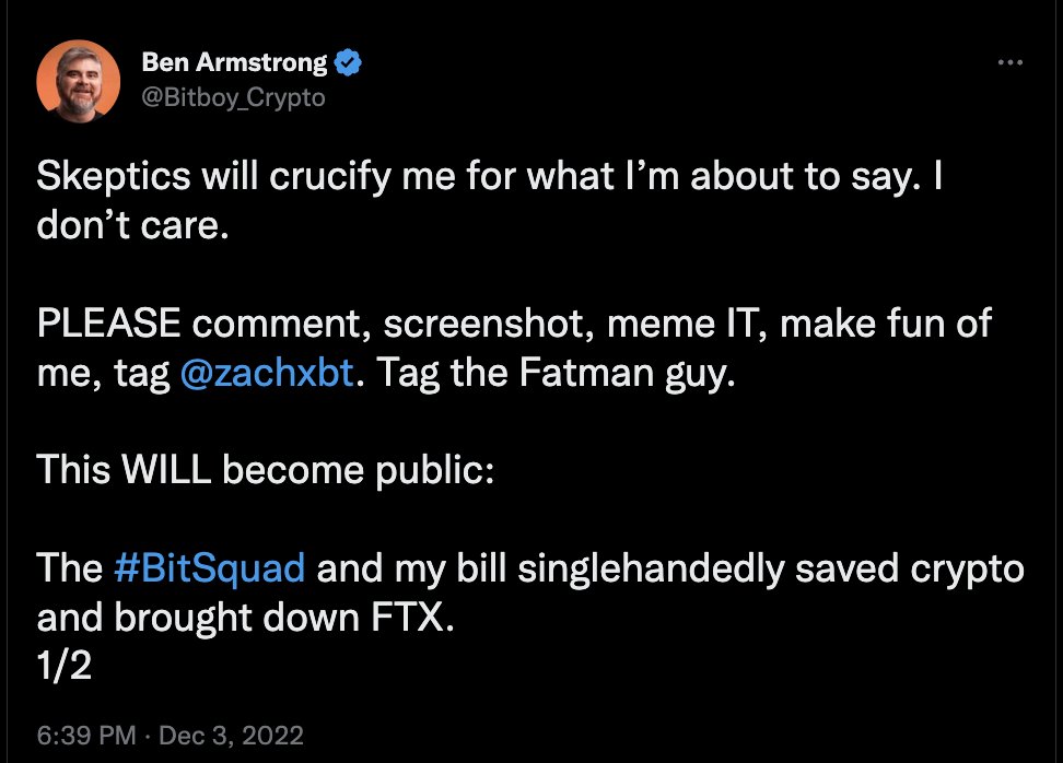 I'm pretty sure a leaked balance sheet, flimsy collateral, internal embezzlement, and the CZ tweet brought down FTX - not some delusional scammer with a messiah complex who shilled FTT to his audience.

Anyway, as requested, I'll screenshot this so everyone can make fun of you.