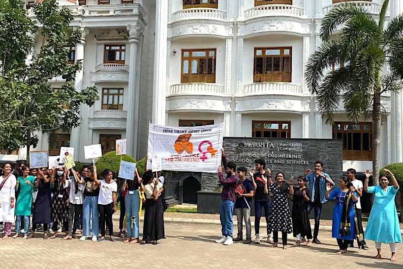 amritaSSBS's tweet photo. @AMRITAedu students of the Department of Social Work decked campus greens with orange ribbons to raise awareness for the #16Days campaign to“UNITE! &amp; End Violence against Women &amp; Girls” and rally to vocalise issues #endviolence #UNITE @UNWomen #AMMACHILabs https://t.co/6RkazaEQ1p
