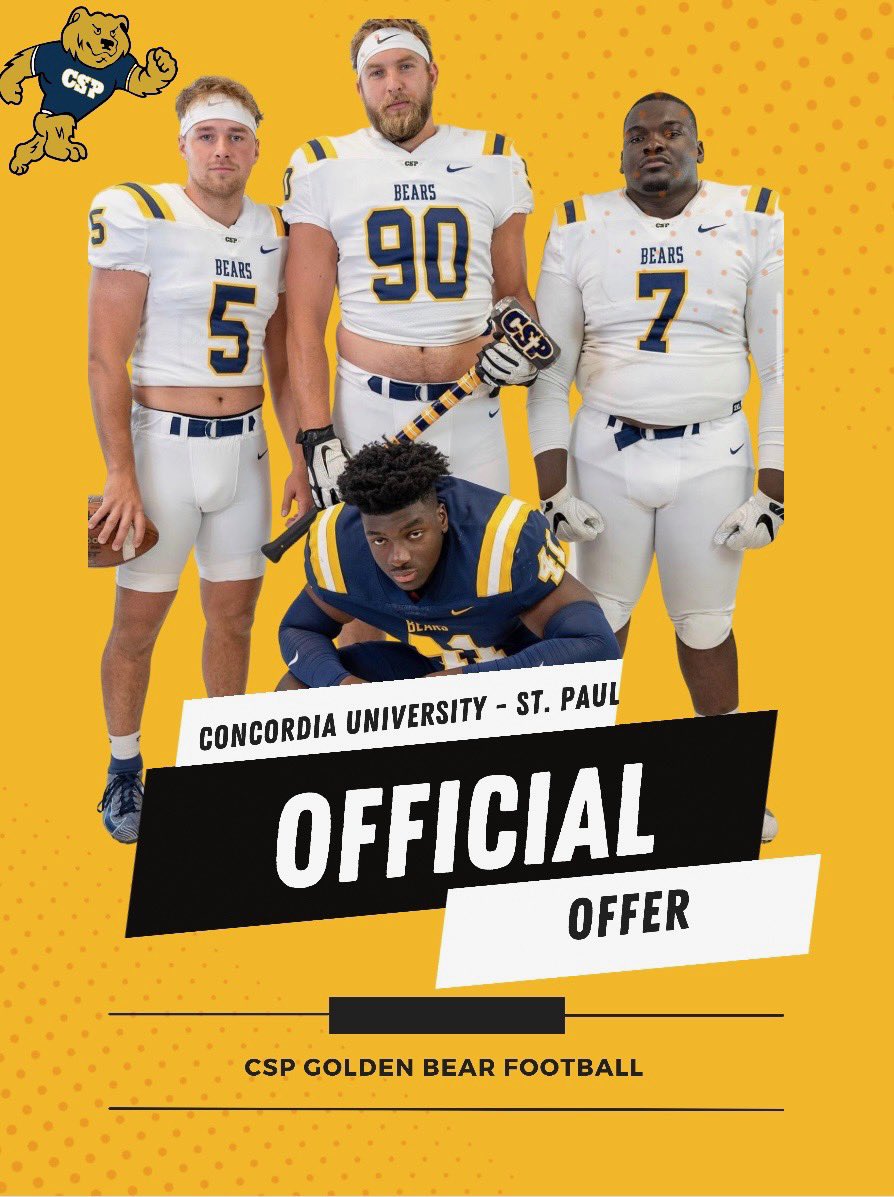 After an amazing meeting and conversation with Coach Stern I’m excited to announce I have received an offer from Concordia St. Paul University! <a href="/CSPBearsFB/">Concordia St Paul Football</a> <a href="/Coach_Hayashi/">Brandon Hayashi 🇯🇵🇪🇬</a> @CoachRaulMarti1 <a href="/KevinPuckettJr/">Kevin Puckett Jr</a> <a href="/DavePortz/">Dave Portz</a>