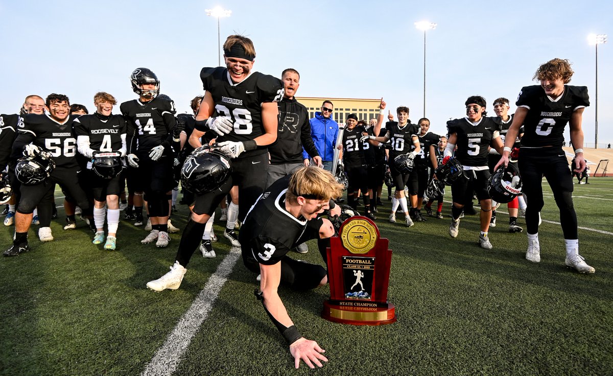 AlexMcIntyre520's tweet photo. A few celebration frames from this afternoon as the Roosevelt Rough Riders defeat the Lutheran Lions 34-24 to claim their first-ever football state title. More photos at https://t.co/Z1Lie5drGS and in tomorrow's paper | 📸 for @GreeleyTribune @gtribsports #weldpreps #copreps https://t.co/Ee80h7KZBX