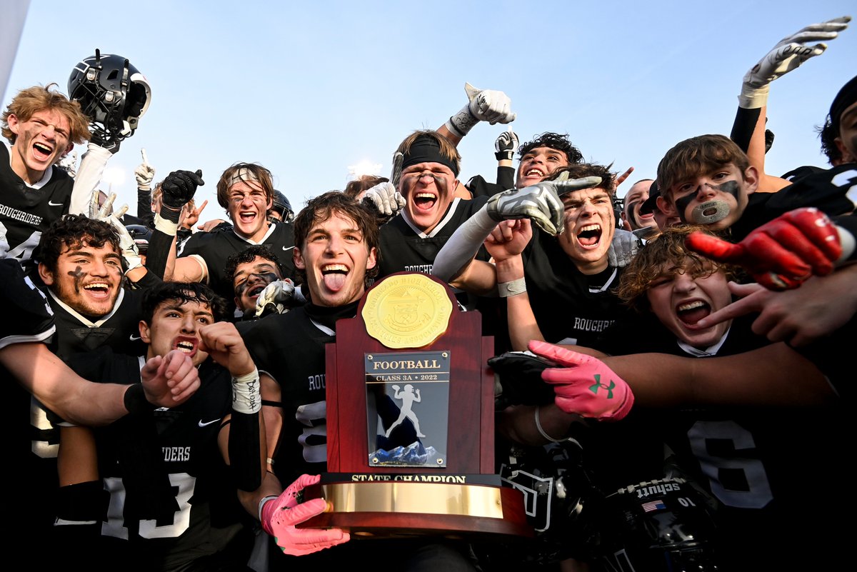 AlexMcIntyre520's tweet photo. A few celebration frames from this afternoon as the Roosevelt Rough Riders defeat the Lutheran Lions 34-24 to claim their first-ever football state title. More photos at https://t.co/Z1Lie5drGS and in tomorrow's paper | 📸 for @GreeleyTribune @gtribsports #weldpreps #copreps https://t.co/Ee80h7KZBX
