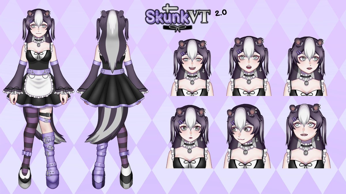 skunkVT's tweet image. 2.0 debut done, here's the final, official SkunkVT ref sheets for BOTH the new models~! 💜🦨

💜 twitch.tv/skunkvt

#ENVtubers #VtuberDebut #vtuber