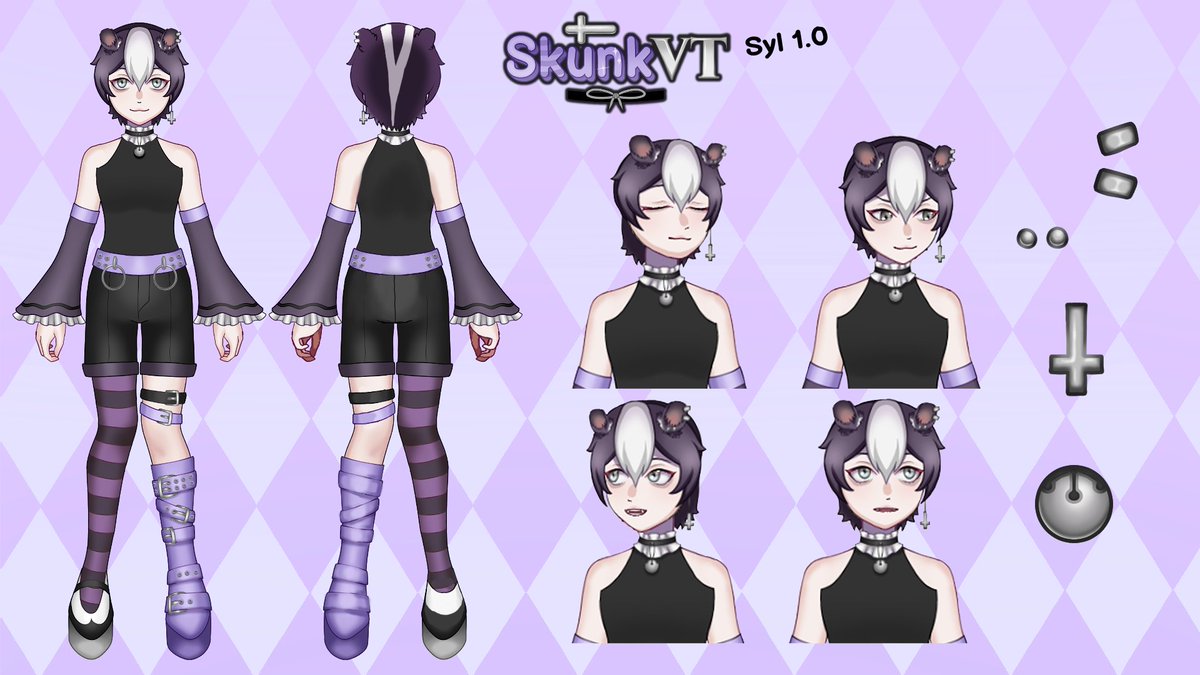 skunkVT's tweet image. 2.0 debut done, here's the final, official SkunkVT ref sheets for BOTH the new models~! 💜🦨

💜 twitch.tv/skunkvt

#ENVtubers #VtuberDebut #vtuber
