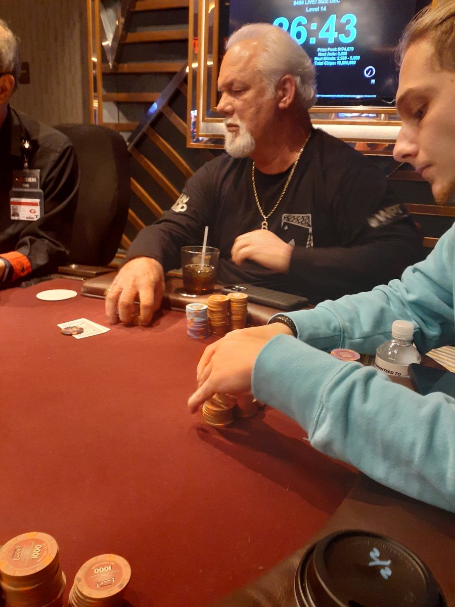 Real_Intrepid1's tweet photo. @LivePokerRoom multi-flight $100K GTD, sitting on $350K and this guy on my right. #ActionTable https://t.co/WlhNY93VFA
