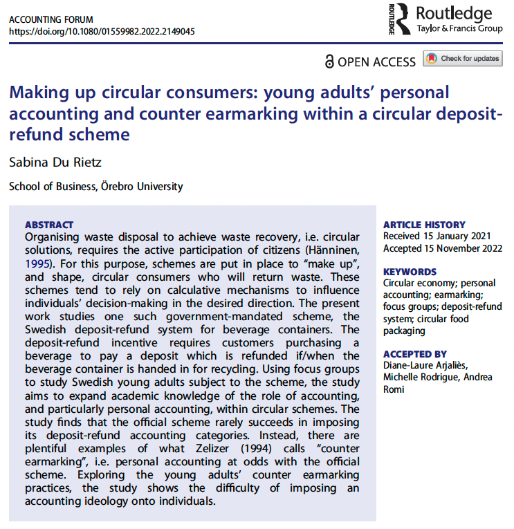 TandF_AccForum's tweet photo. 📣Hot Off the Press! 📣 Making up #circular #consumers: young adults’ personal accounting and counter earmarking within a circular deposit-refund scheme by Sabina Du Rietz (@sdurietz) @orebrouni 
#CircularEconomy #accounting #earmarking 
@tandfonline 
https://t.co/oEWxdAW84Z https://t.co/I2TcawcNA8