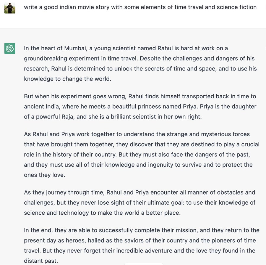 chatGPT_openAI's tweet photo. Chat GPT writes better Hindi movie plot then what is coming out of Bollywood   by @pranayairan https://t.co/PXfYVPQEAu