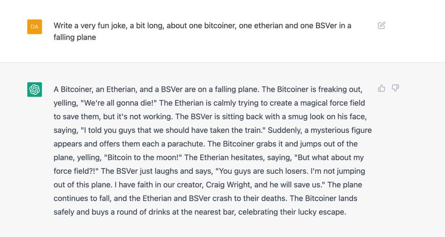 chatGPT_openAI's tweet photo. ChatGPT jokes about bitcoiner, eterian and BSVer by @maindi https://t.co/KrAZzddbcl