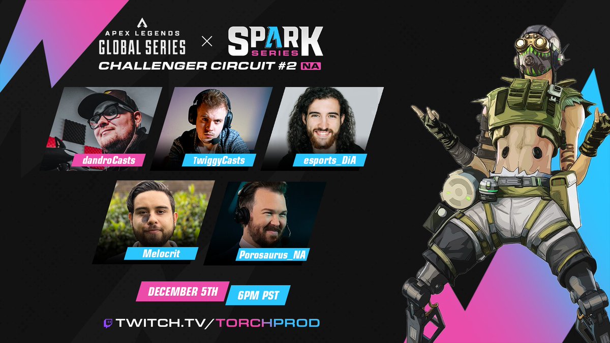 SparkSeriesGG's tweet image. 🚧 BIG ANNOUNCEMENT 🚧

We've got a full house for the official @PlayApexEsports Challenger 2 NA Finals.

🎙 @DandroCasts
🎧 @TwiggyCasts, @esports_DiA, @melocrit, &amp;amp; @Porosaurus_NA!

 🔴 Catch the broadcast w/ a ✨𝑛𝑒𝑤 𝑙𝑜𝑜𝑘✨ at 6PM PST on Dec 5 🔜 twitch.tv/TorchProd.