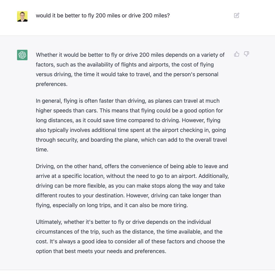 chatGPT_openAI's tweet photo. ChatGPT can help you decide whether to drive or fly by @levie https://t.co/7Knq18oocz