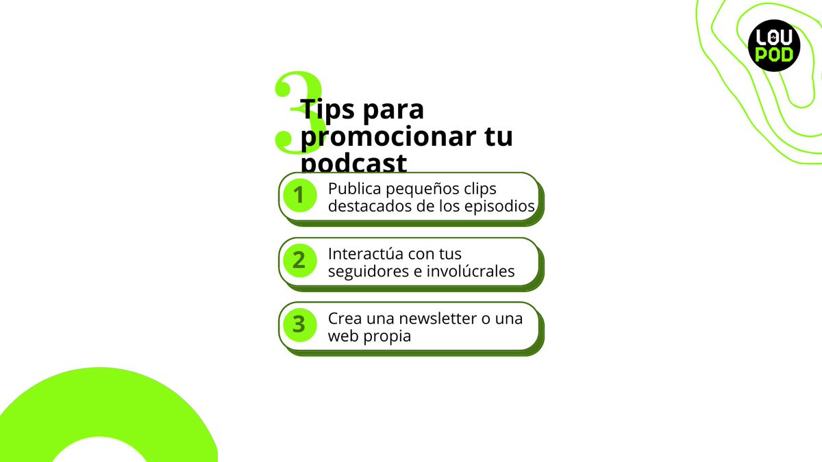 LoupodFM's tweet photo. 3⃣ TIPS PARA PROMOCIONAR TU PÓDCAST:

¿Tienes dudas sobre cómo hacer llegar tu #podcast a más gente? #Loupod te da tres consejos👇🏼

- Publica pequeños clips destacados de los episodios.

- Interactúa con tus seguidores e involúcrales.

- Crea una newsletter o una web propia. https://t.co/fQxH0Ybqol
