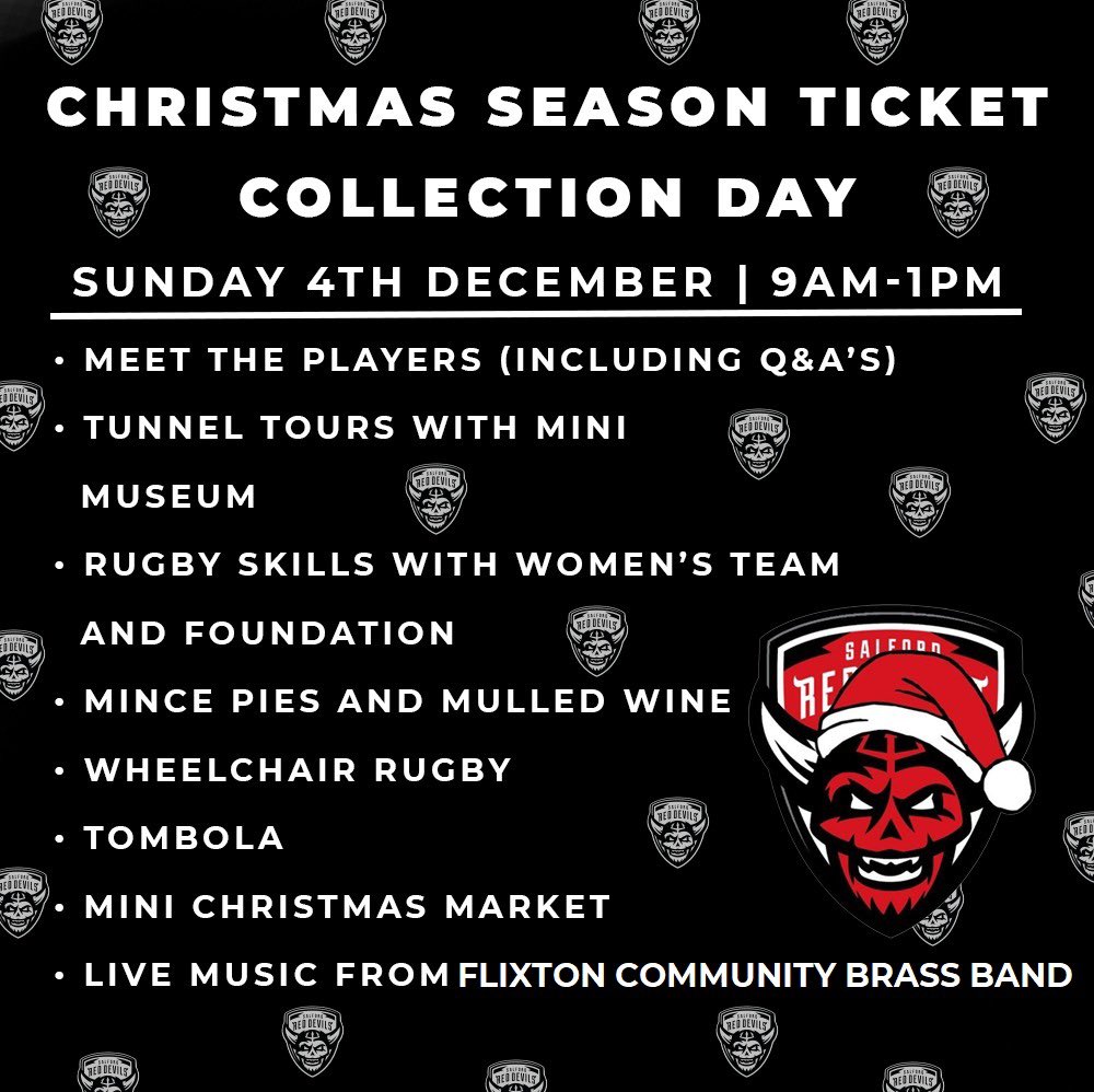 🤩 A reminder of what’s happening at our Christmas Season Ticket Collection Day tomorrow…

If you're coming down, 𝗥𝗘𝗧𝗪𝗘𝗘𝗧 to be in with a chance of winning a Salford Red Devils 𝗦𝗜𝗚𝗡𝗘𝗗 tee. 

Winner will be be chosen at 9am tomorrow… 🏅

💪 #TogetherStronger | 🔴👹
