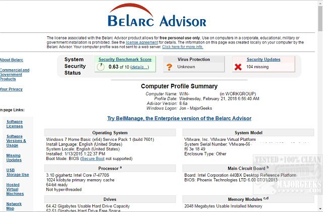majorgeeks's tweet photo. Updated - Belarc Advisor builds a detailed profile of your #network inventory, missing #Microsoft #hotfixes, #antivirus status, #security #benchmarks, and displays the results in your Web browser. 
https://t.co/HkmGnktR2E #freeware https://t.co/e3SLDoIkMO