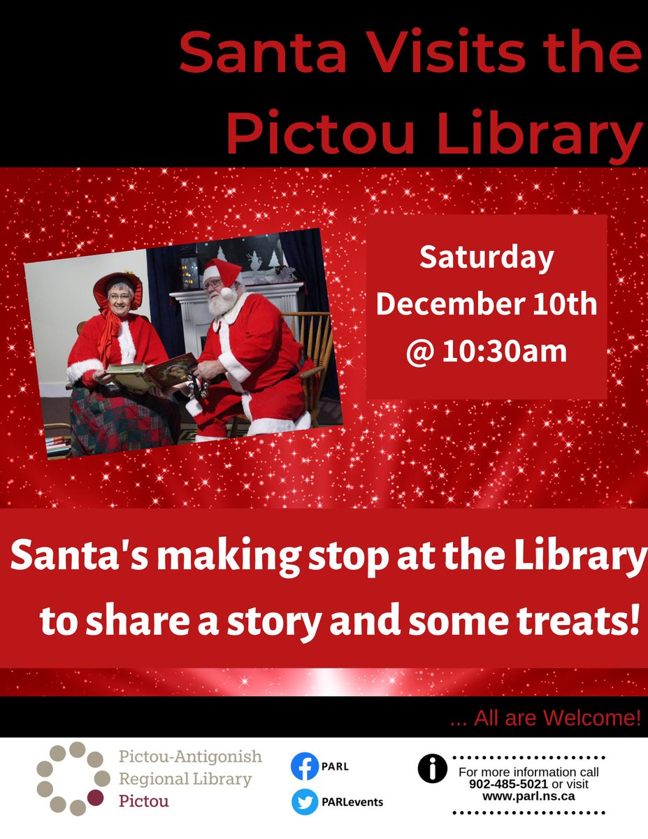 PARLevents's tweet photo. Ho, ho, ho!  Santa's making a special visit to the #PictouLibrary, Sat. Dec. 10th @10:30am! All welcome to drop by. For more information please call the Pictou Library at (902) 485-5021. https://t.co/OABayPUN2y
