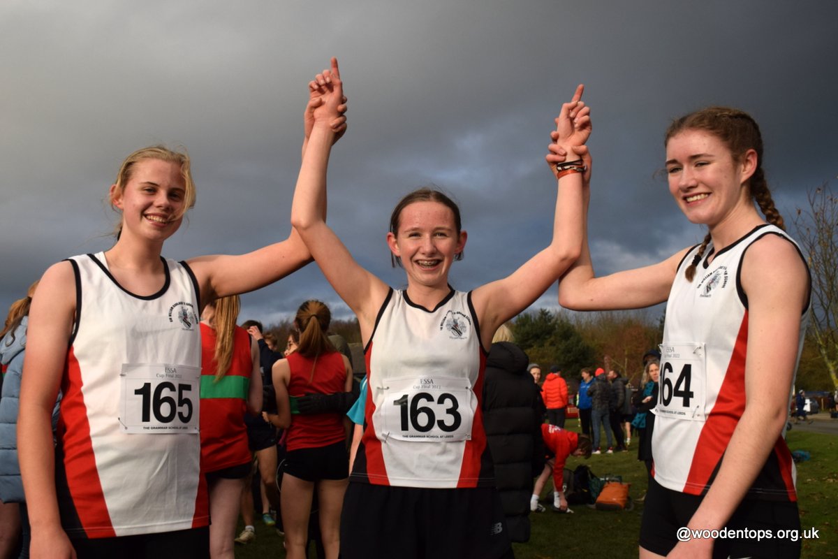 41st English Schools' AA XC Cup Final at The Grammar School at Leeds - Senior Girls winner Jemima Ridley of Sir William Borlase's Grammar School, Buckinghamshire celebrates with team mates <a href="/SchoolAthletics/">EnglishSchoolsAA</a> <a href="/AthleticsWeekly/">AW</a> @GsalSport