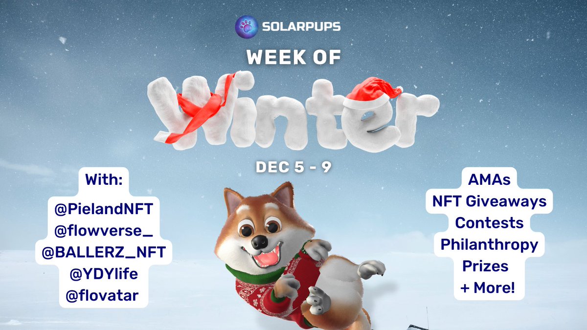 KrikeyApp's tweet photo. @SolarPupsNFTs Official #WeekOfWinter is about to begin! ❄️

⏰ WHEN: Dec 5-9th
🎊 WHAT: A week full of #AMAs, #NFT giveaways, contests, philanthropy, prizes, + more! 🎁
👥 WHO: We are partnering w/ @PielandNFT @flowverse_ @BALLERZ_NFT @ydylife @flovatar 

COUNTDOWN: 2 DAYS 🔥 https://t.co/nfKiHycO9W