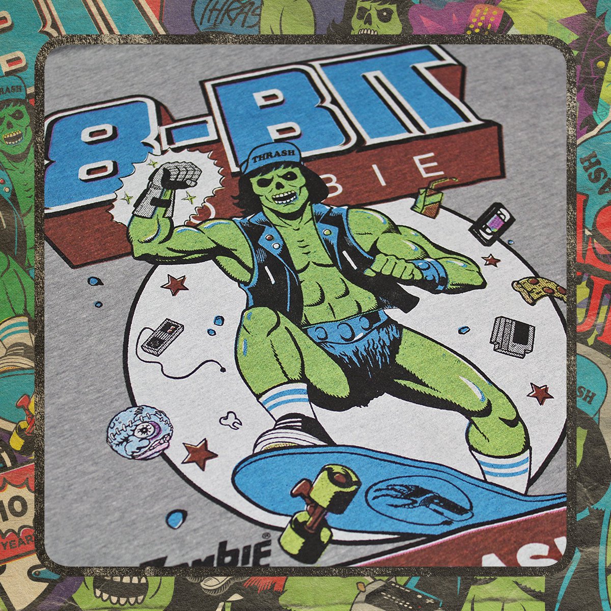 8BZ's tweet photo. Thursday we celebrate 10 Years of Thrashor! 🎉 We’re bringing back a fav to mark the occasion, with a killer vintage style print this time around.

Thrashor figures, tees and sticker packs all drop this Thursday! The party starts at 8 AM PACIFIC / 11 AM EST. Stay tuned for more! https://t.co/gyeKCzRWH2