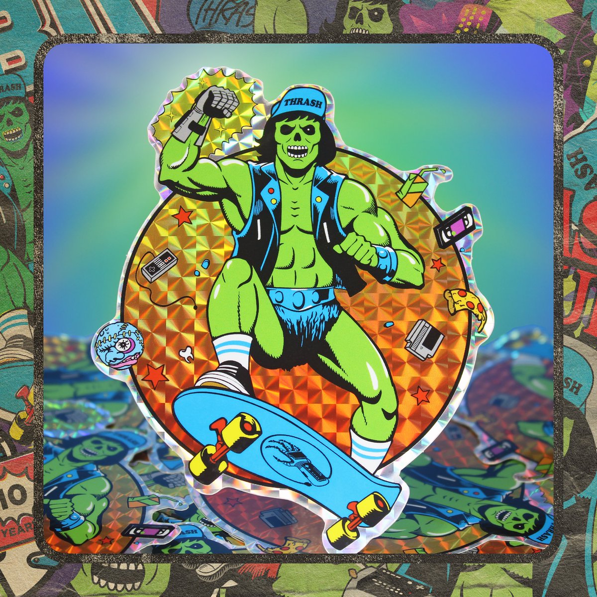 8BZ's tweet photo. Thursday we celebrate 10 Years of Thrashor! 🎉 We’re bringing back a fav to mark the occasion, with a killer vintage style print this time around.

Thrashor figures, tees and sticker packs all drop this Thursday! The party starts at 8 AM PACIFIC / 11 AM EST. Stay tuned for more! https://t.co/gyeKCzRWH2