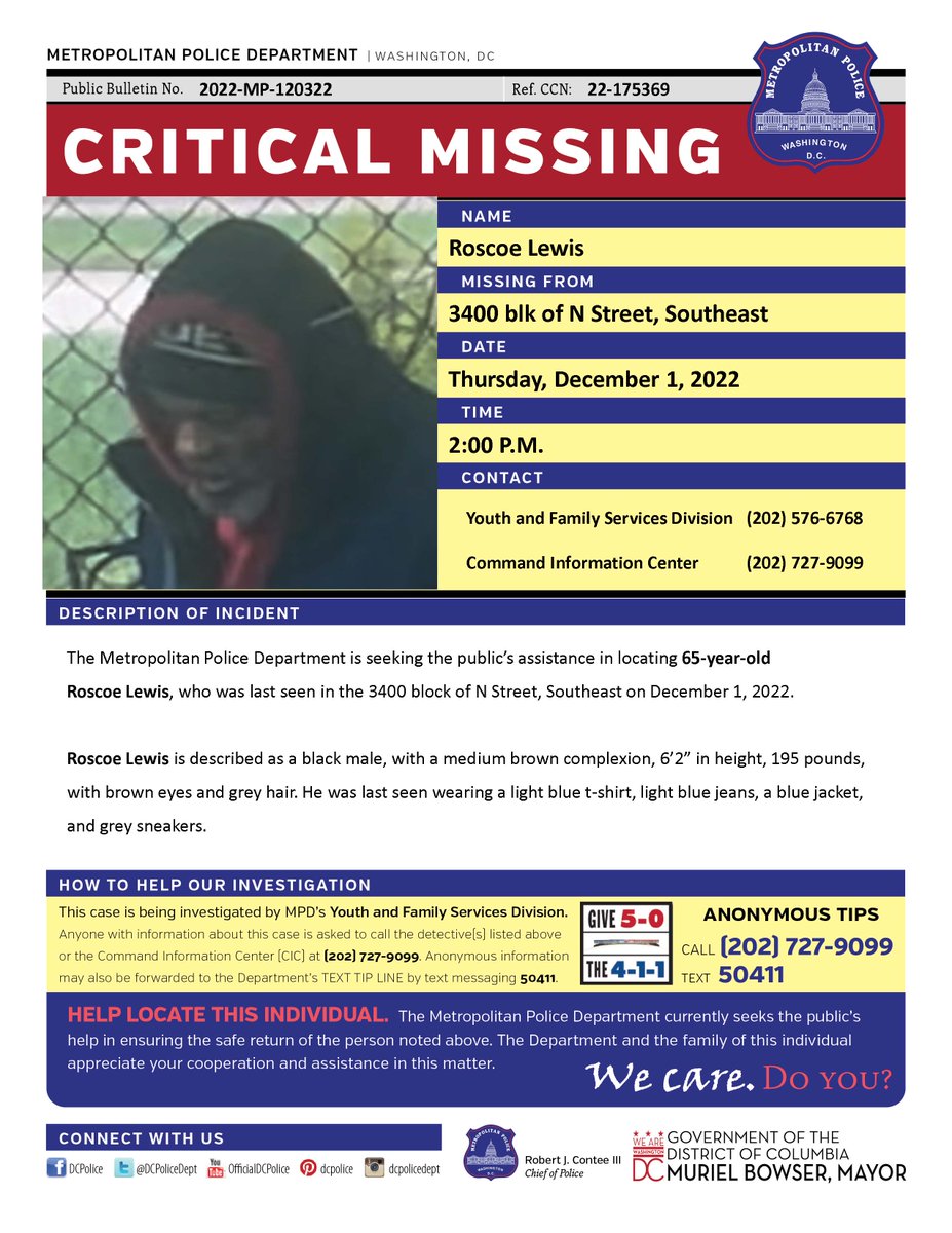 DCPoliceDept's tweet photo. Critical #MissingPerson 65-year-old Roscoe Lewis, who was last seen in the 3400 block of N Street, Southeast on December 1, 2022.

Have Info? Call 202-727-9099/Text 50411 https://t.co/2PakwnStSf