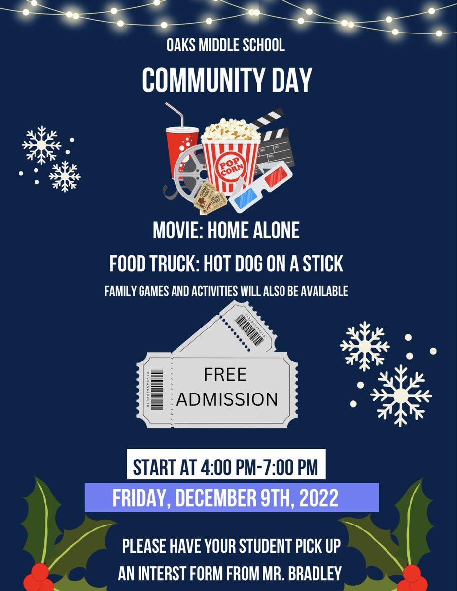 Oaks_OMSD's tweet photo. Oaks will be hosting a FREE community day event. ASB will be showing a movie and have Hot Dog on a Stick serving delicious food. Please have your student pick up an interest form. Community members are also invited to attend and may call the front office for more information. https://t.co/UT8C5z7eBI