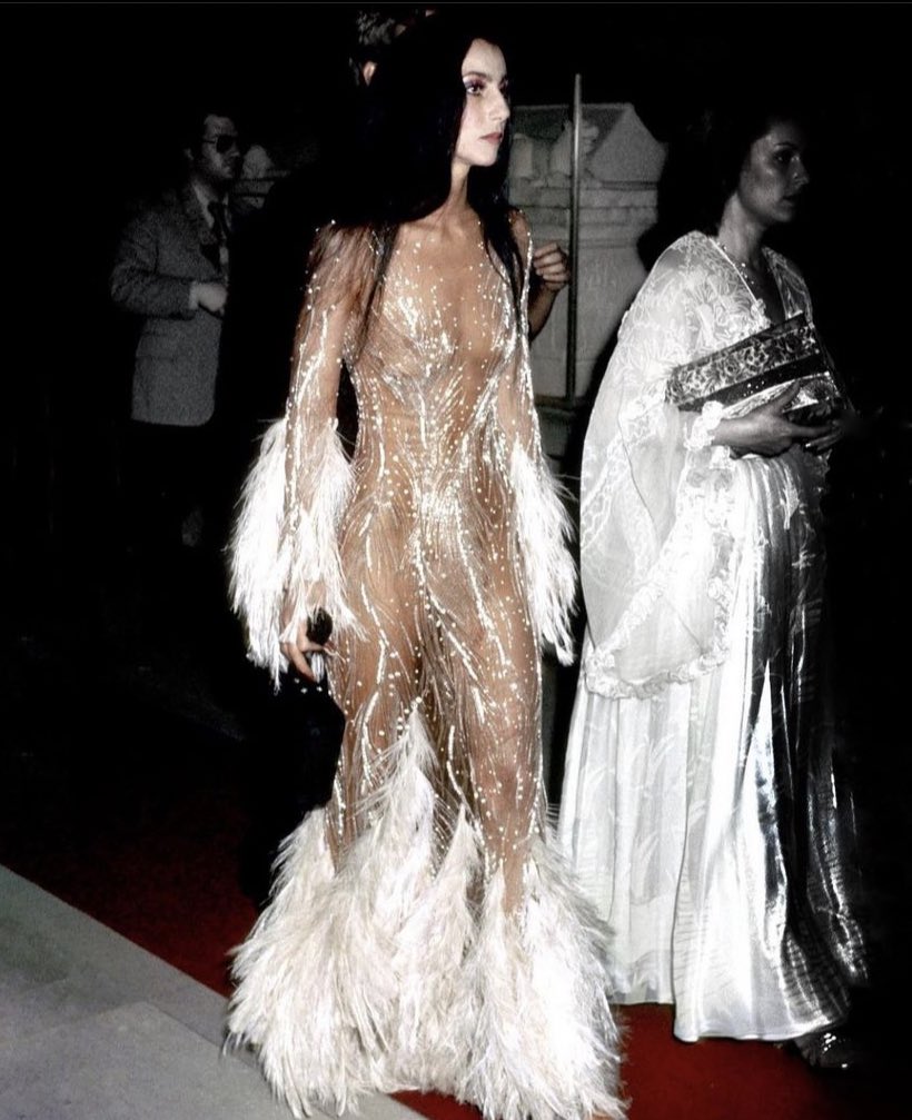 Cher wears The ‘Naked dress’ created by Bob Mackie at the MET gala themed “Romantic and Glamorous Hollywood Design” 
November 20, 1974