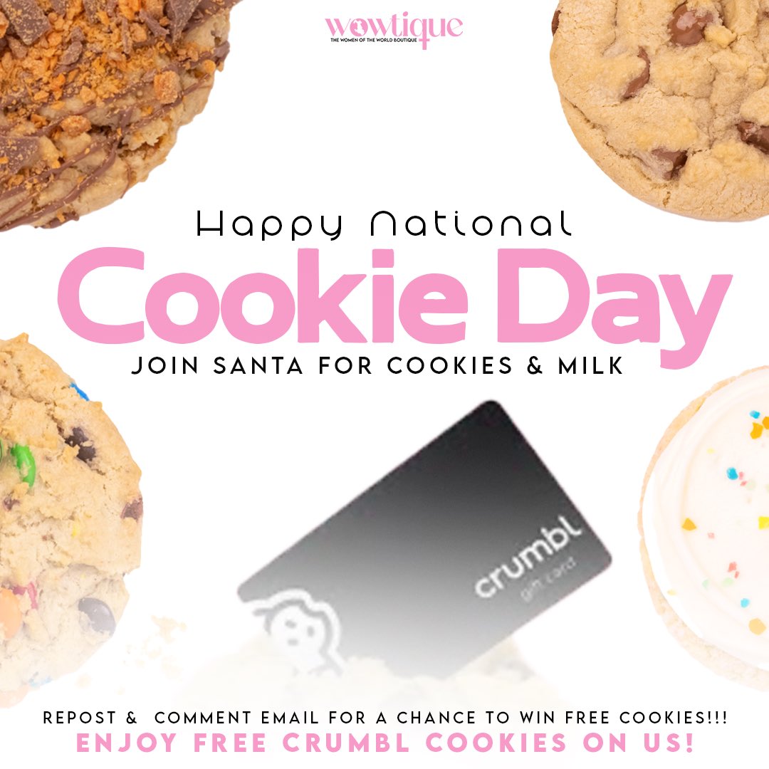 In honor of National “Cookie Day” tomorrow (Dec 4th), we would like to celebrate today ONLY by offering a FREE Crumbl Cookie Giveaway to you!!! (while supplies last) Follow these rules to claim your 🍪

1. Share &amp; Tag <a href="/wowtique/">WOWTIQUE</a>  
2. Comment your email